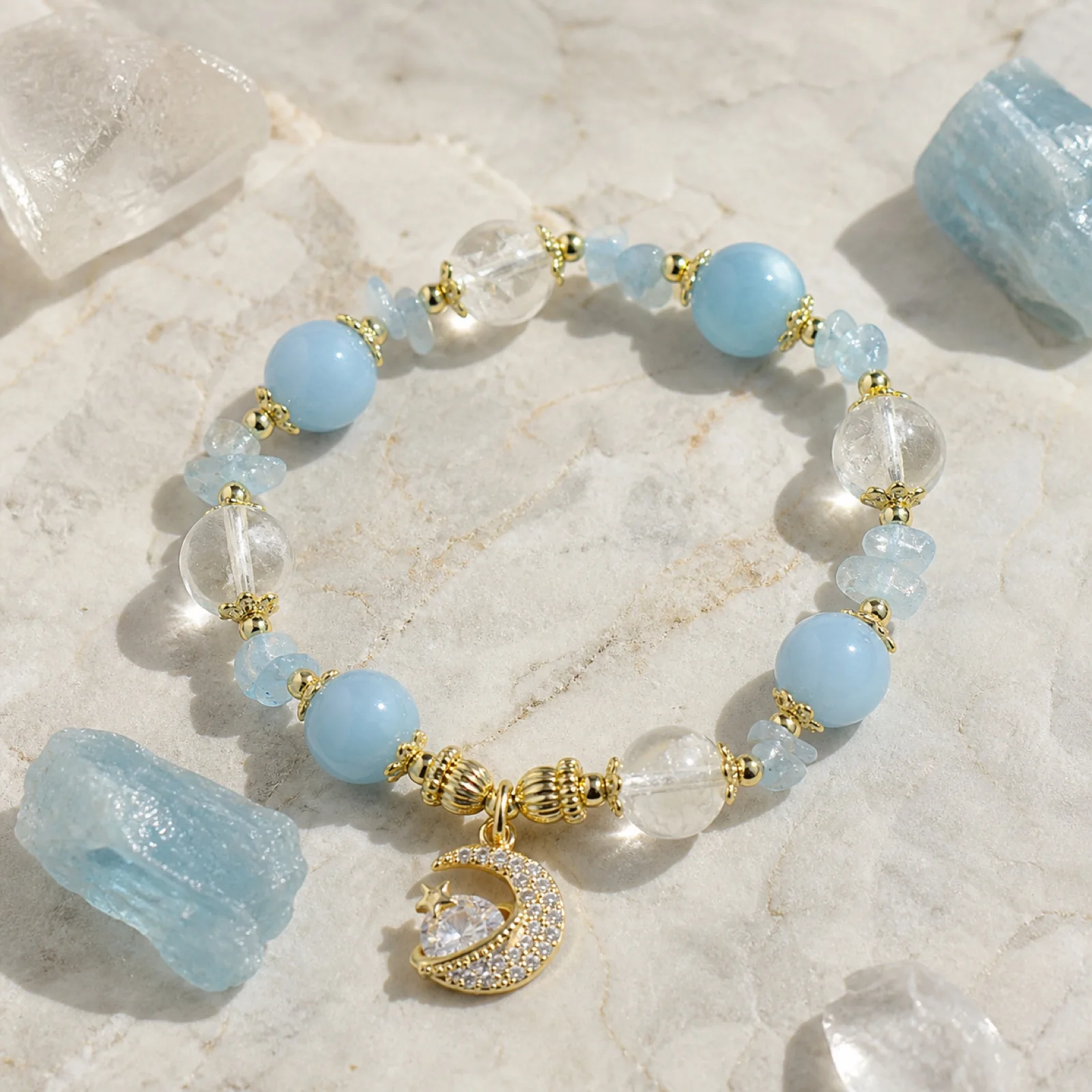 Aquamarine Moonstone Moon Princess Bracelet with pale blue beads and gold moon charm