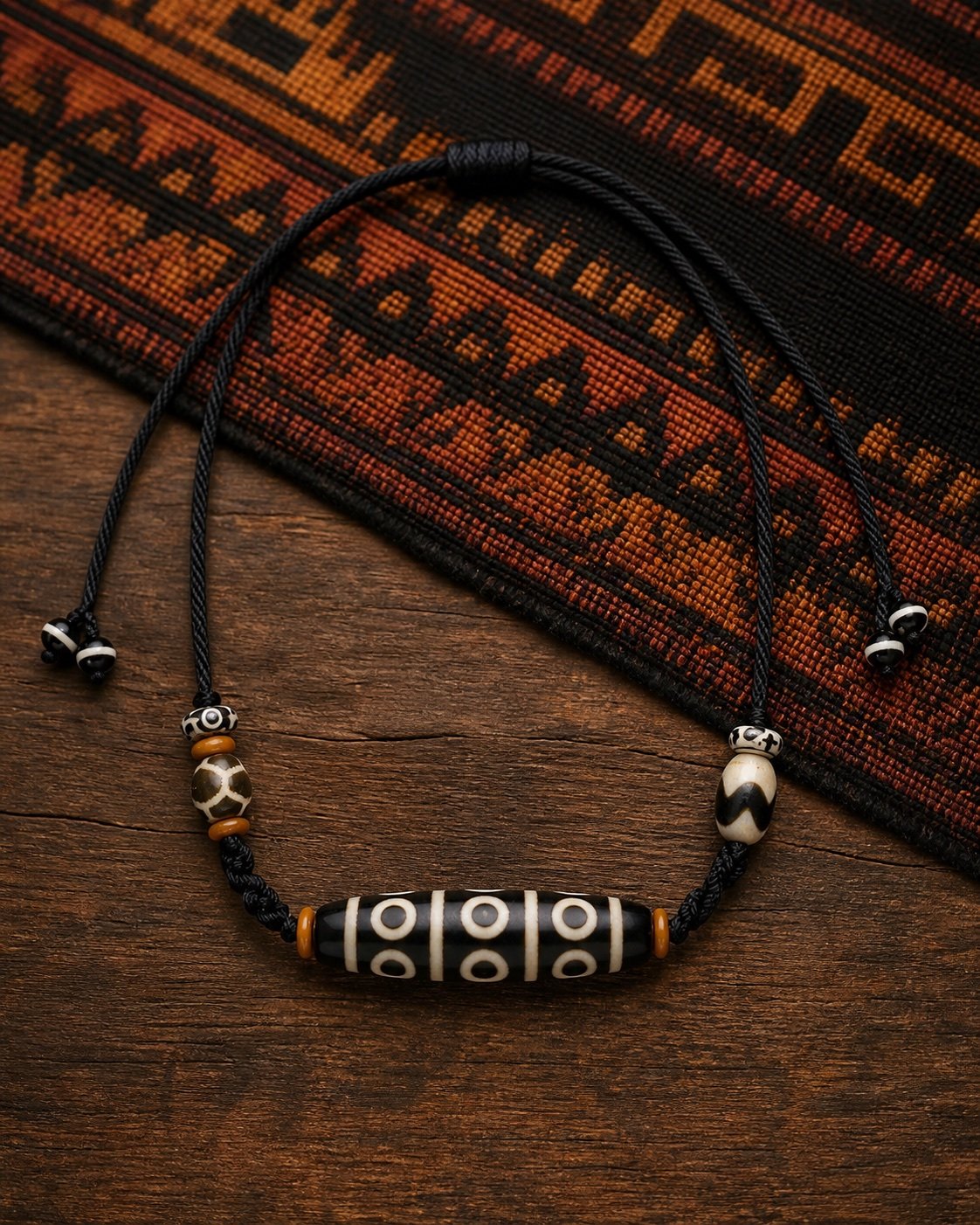 Black cord Dzi necklace with a patterned focal bead