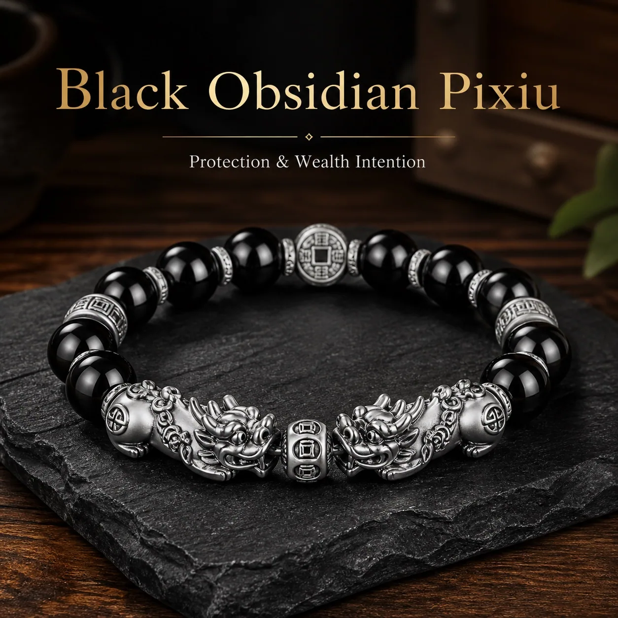 Black Obsidian Silver Pixiu Wealth Bracelet with carved silver-tone beads