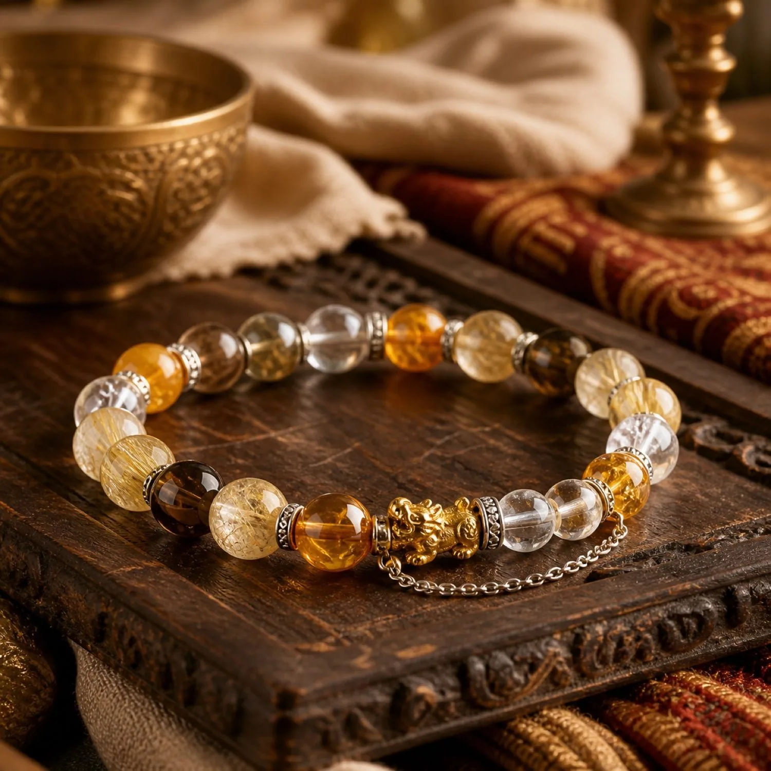 Golden Pixiu Abundance Bracelet with clear, golden, smoky and rutile-like crystal beads