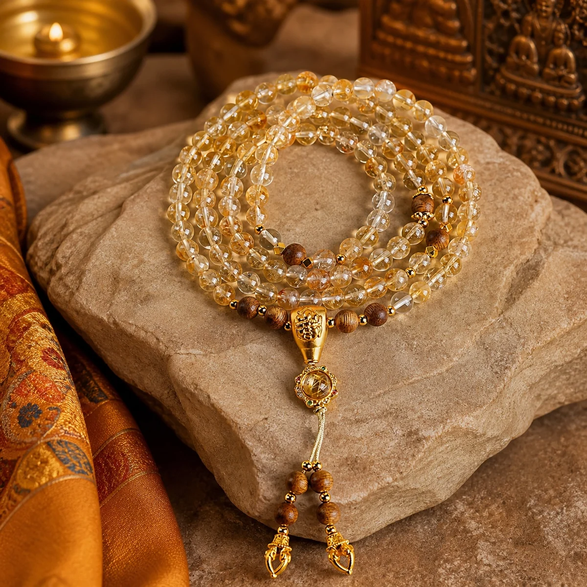Golden quartz sandalwood guru mala