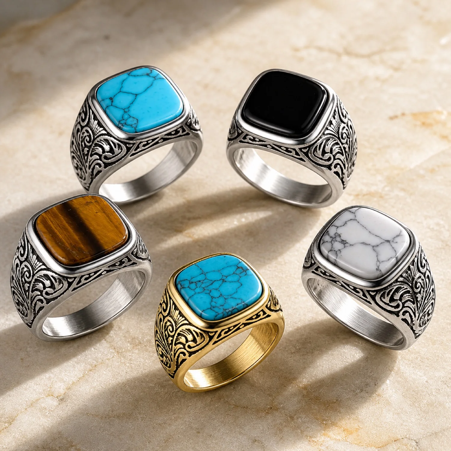 Men's Ornate Turquoise Stone Signet Ring