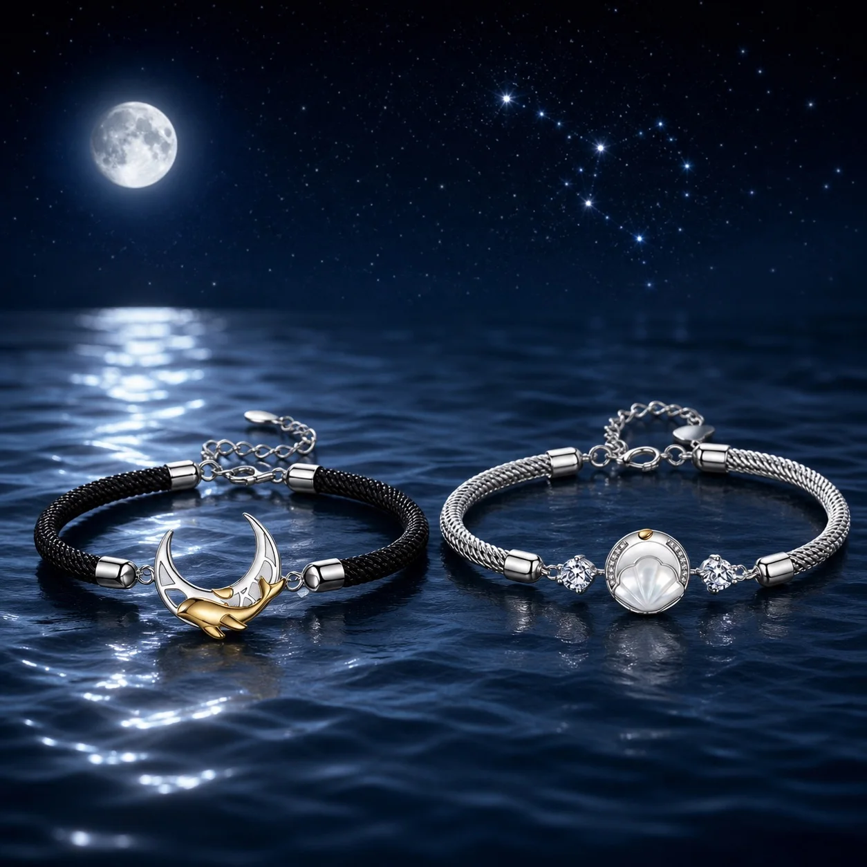 Moon and Shell Couple Bracelet Set