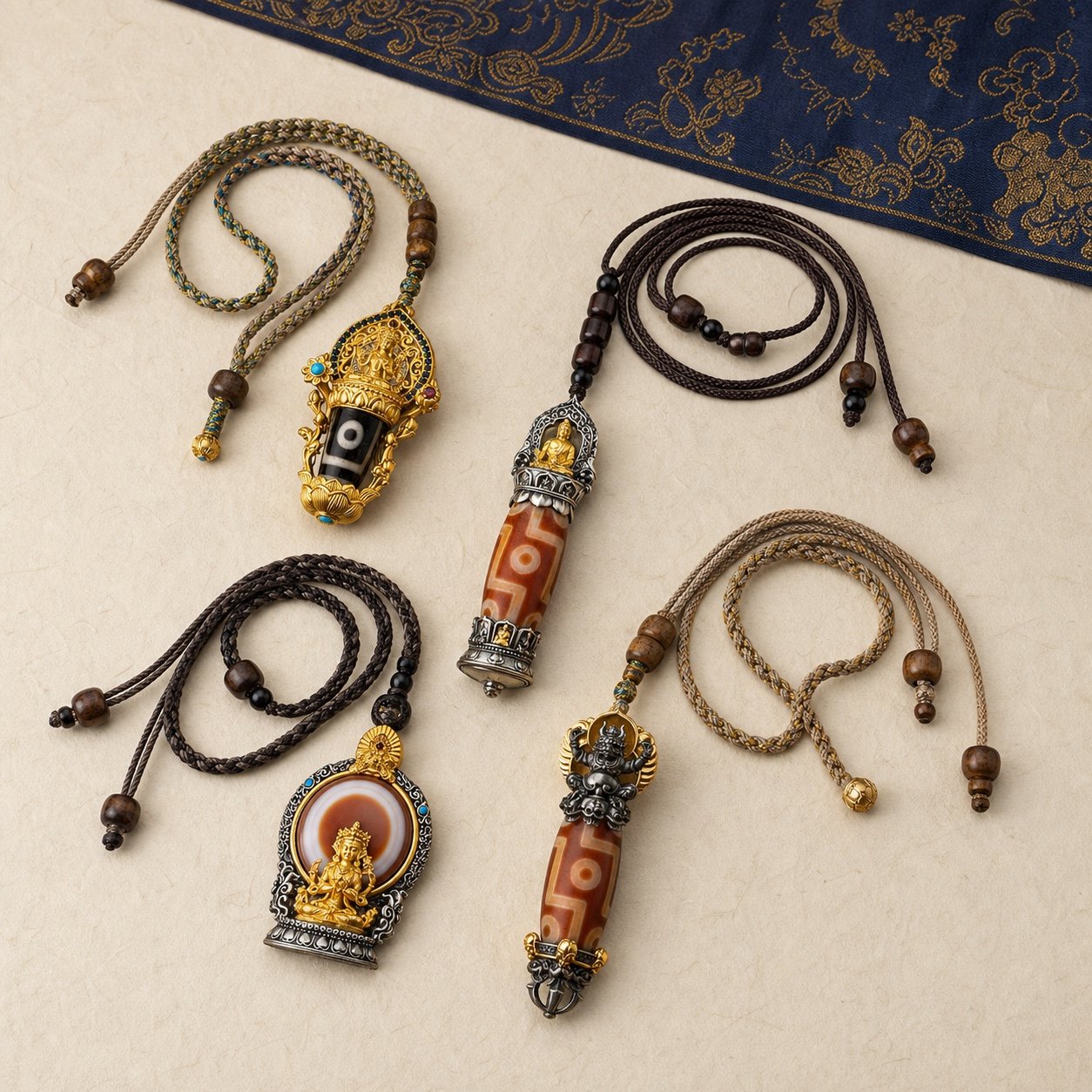 Collection of contemporary Nine-Eye Dzi guardian pendants on an ivory background