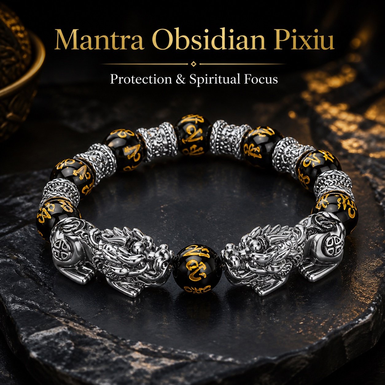 Six-Syllable Mantra Obsidian Pixiu Bracelet