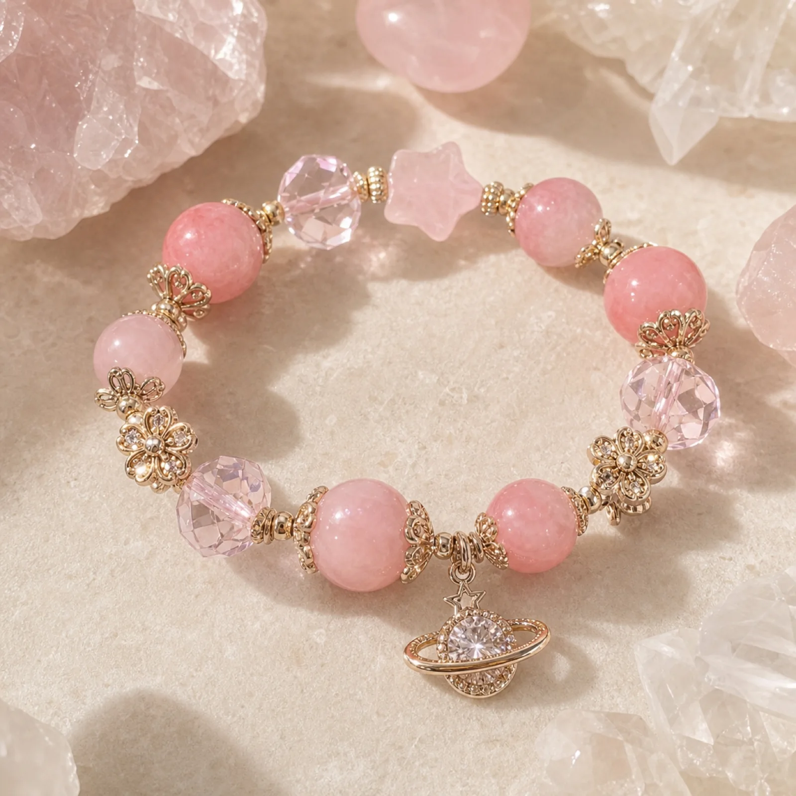 Pink Planet Rose Quartz Star Bracelet with pink star bead and celestial charm