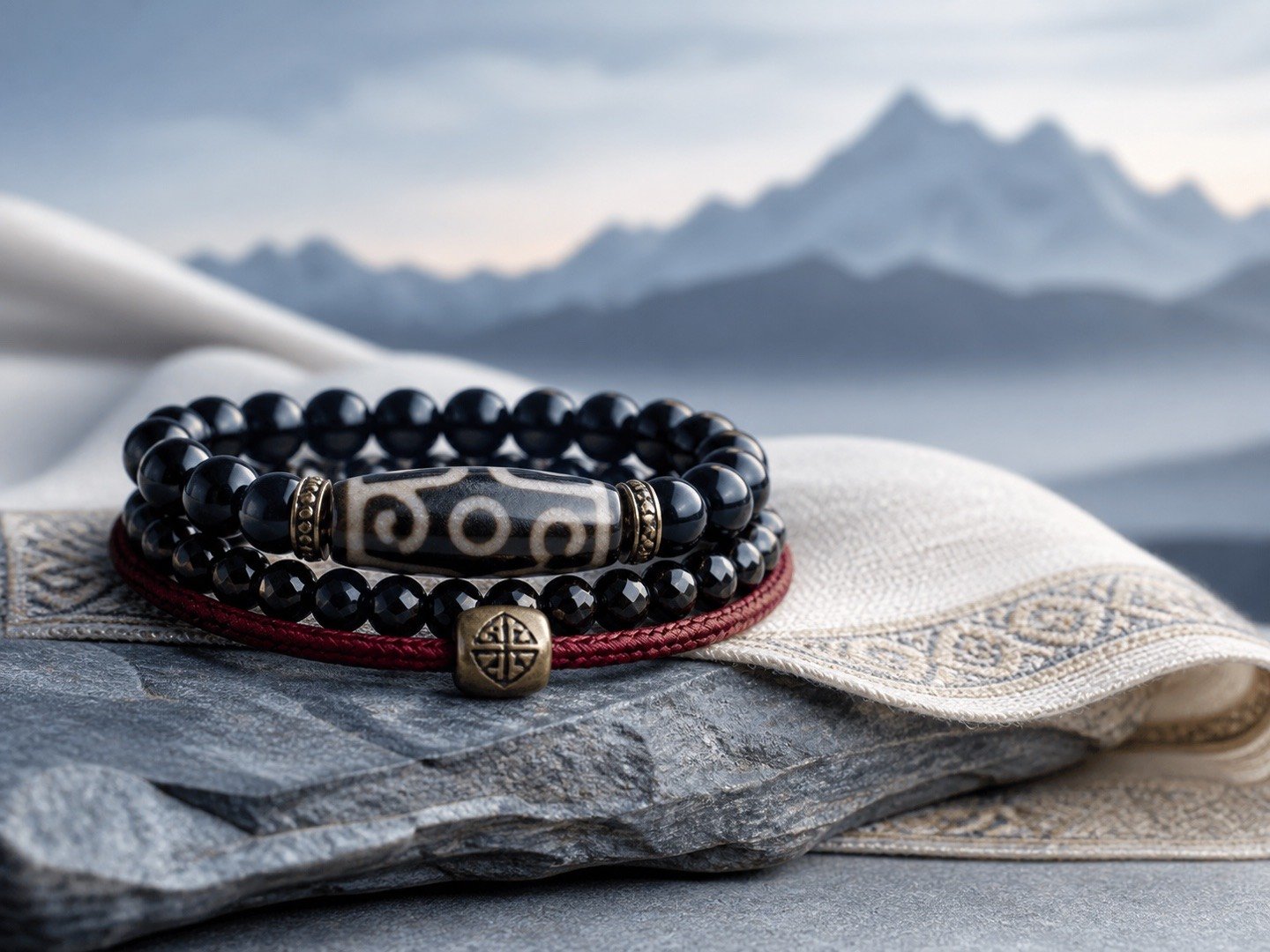 Black obsidian, Dzi, and red cord bracelets layered for a protection stack