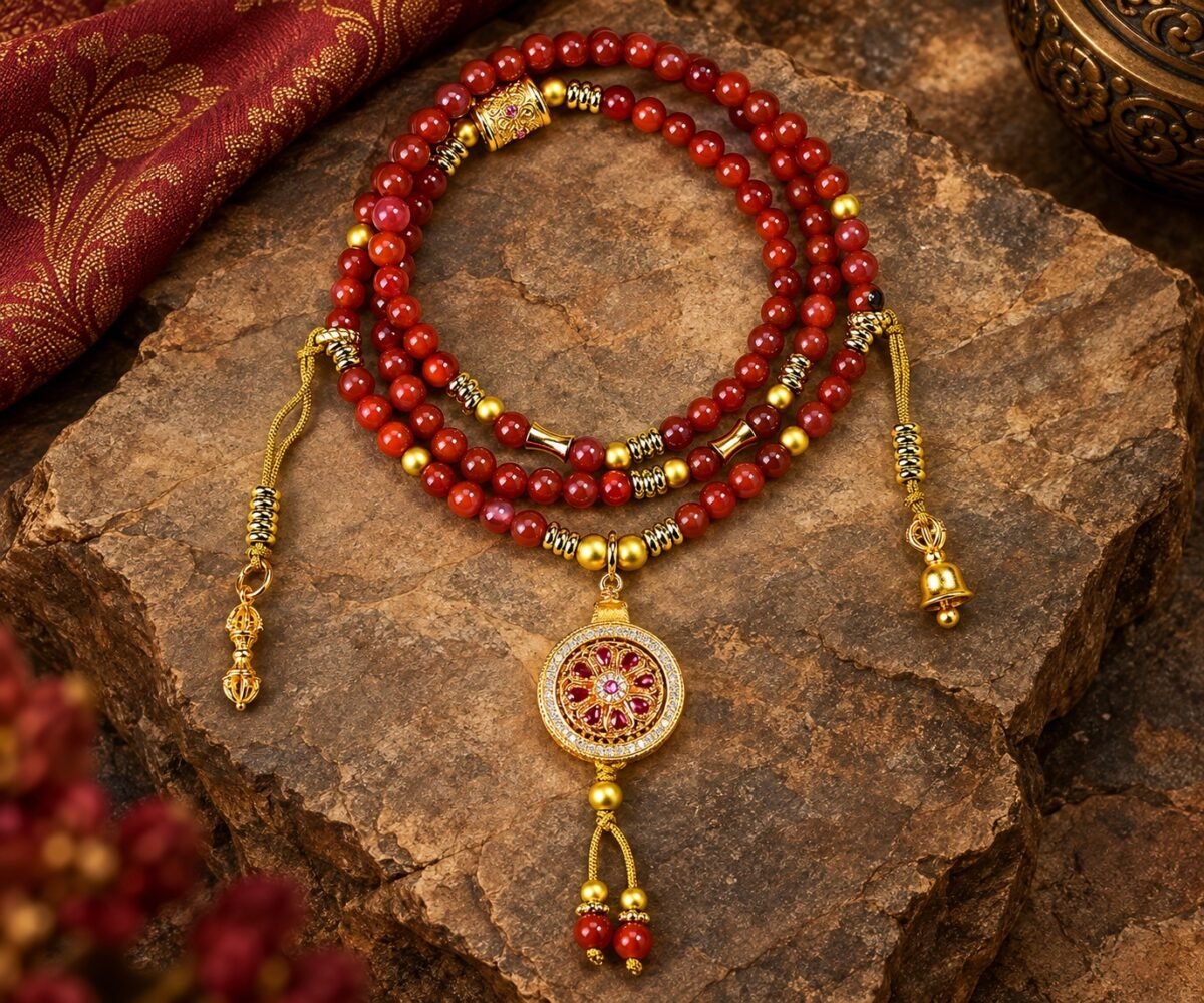 Red Agate Mandala Pendant Mala