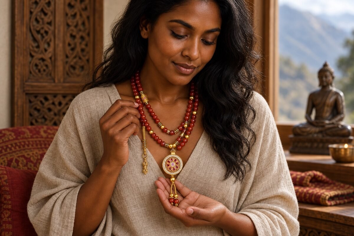 Red Agate Mandala Pendant Mala