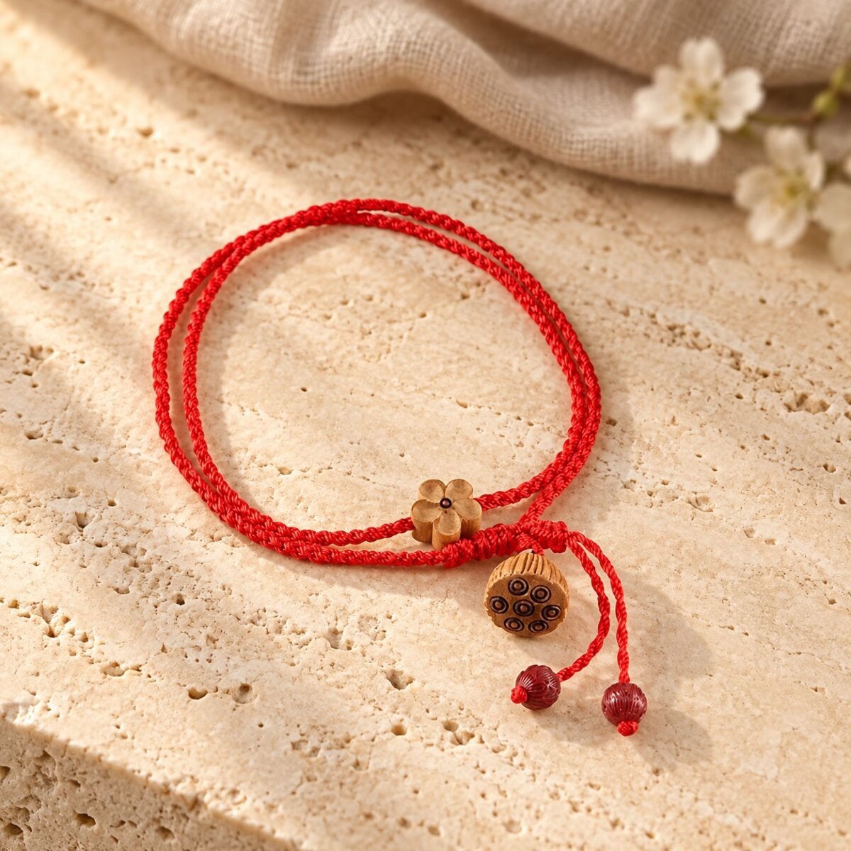 red-cord-good-luck-flower-anklet-01-main-v3 Red Cord Good Luck Peach Blossom Anklet