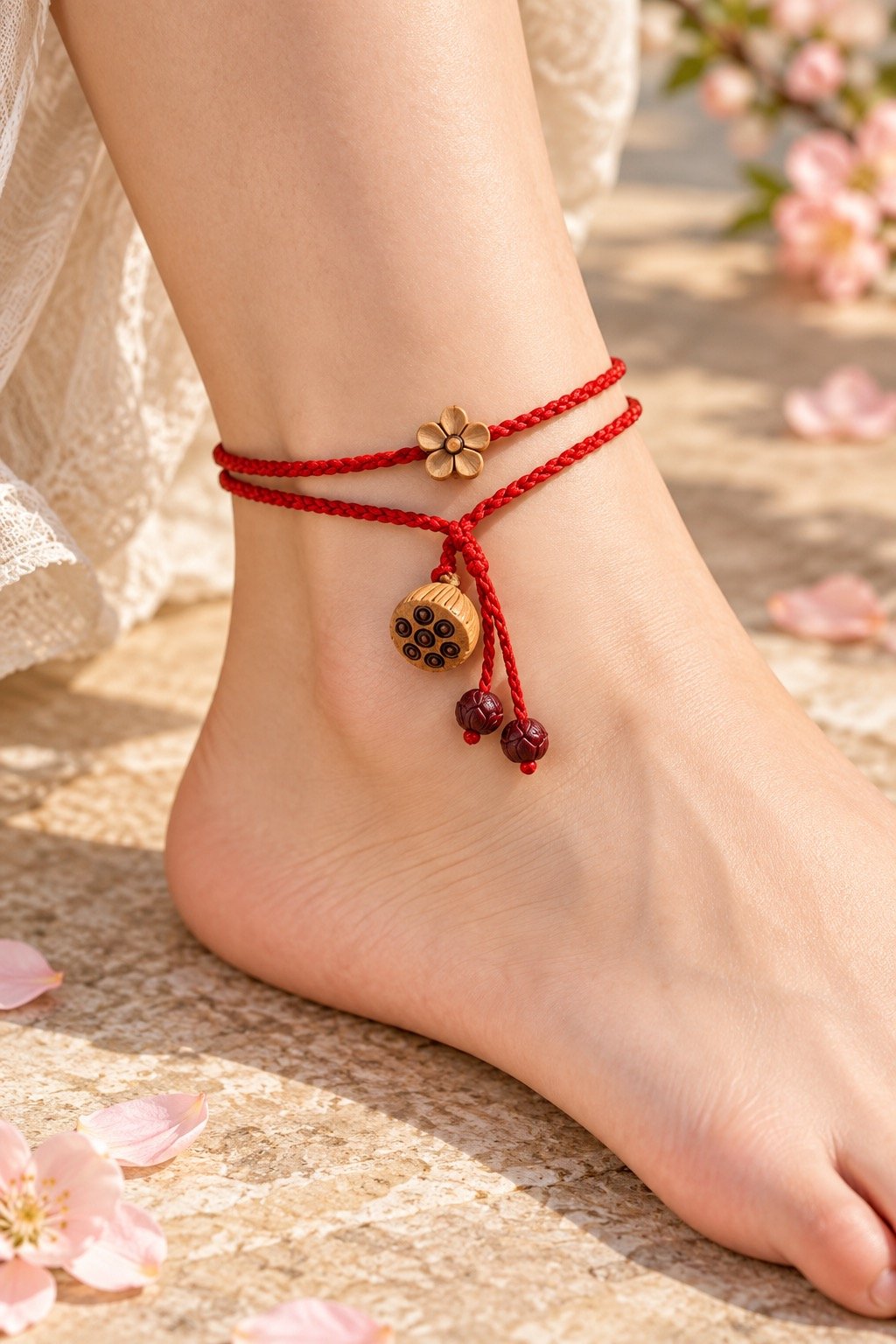 red-cord-good-luck-flower-anklet-05-wearing-light Red Cord Good Luck Peach Blossom Anklet
