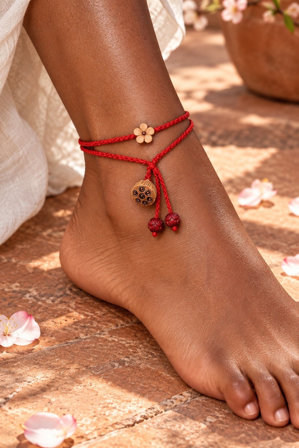 red-cord-good-luck-flower-anklet-06-wearing-deep Red Cord Good Luck Peach Blossom Anklet