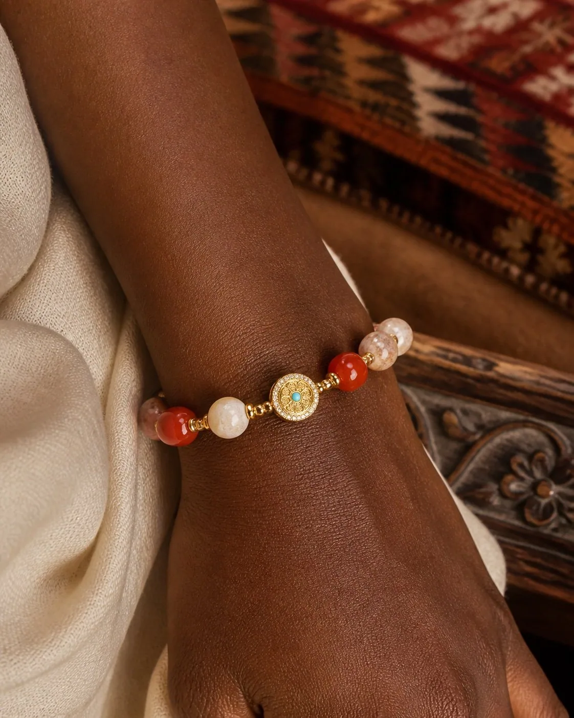 Red Stone Dharma Wheel Intention Bracelet