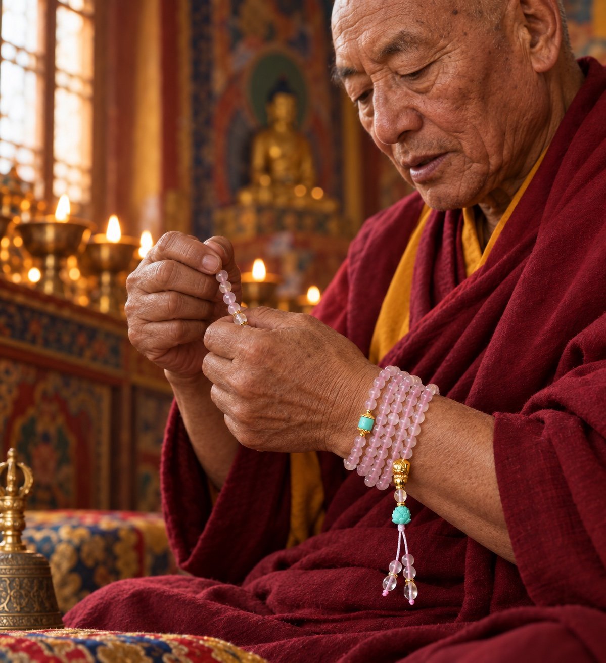 rose-quartz-lotus-guru-mala-tibetan-monk-wrist-prayer Rose Quartz Lotus Guru Mala