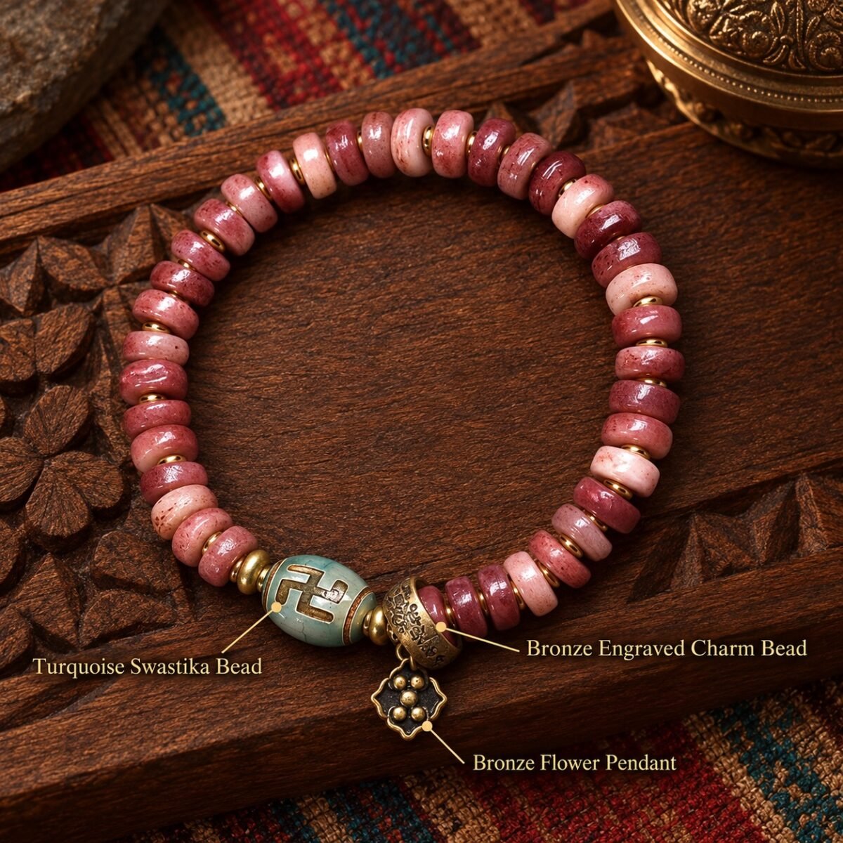 Rose Dawn Carved Accent Tibetan Prayer Bracelet
