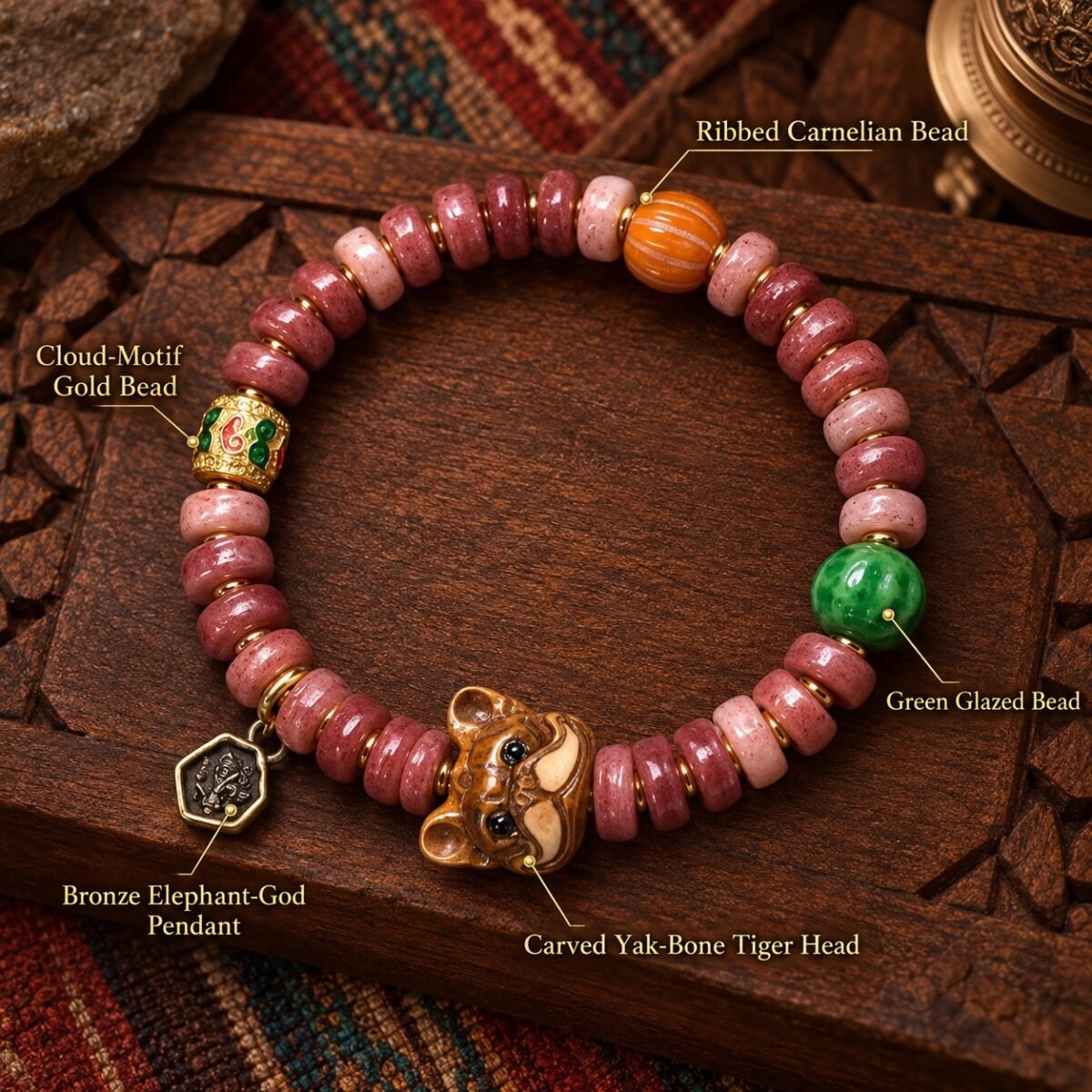 Rose Dawn Carved Accent Tibetan Prayer Bracelet