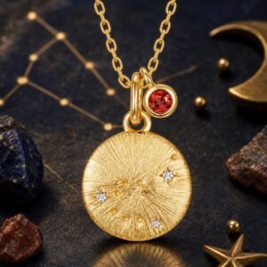 Sagittarius gold zodiac medallion necklace with natural tanzanite accent