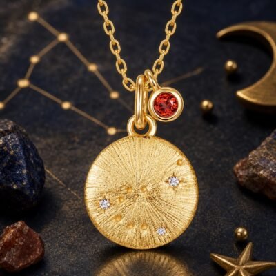 Sagittarius gold zodiac medallion necklace with natural tanzanite accent