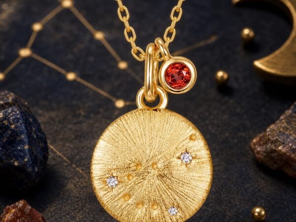 Sagittarius gold zodiac medallion necklace with natural tanzanite accent