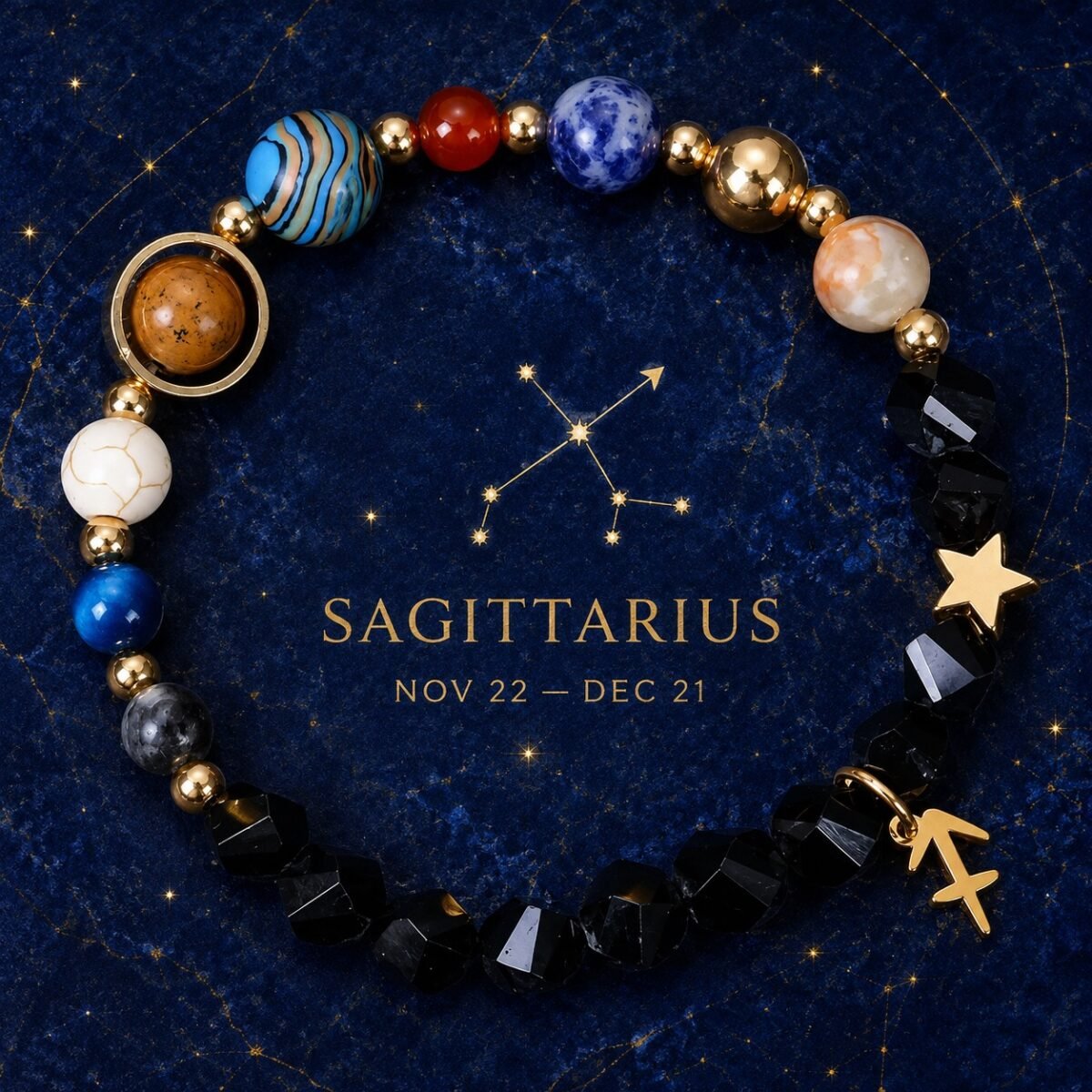 Sagittarius Zodiac Bracelet with glossy black faceted natural-stone beads
