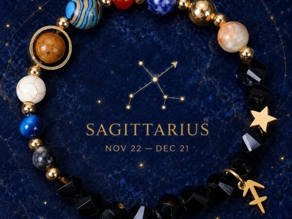 Sagittarius Zodiac Bracelet with glossy black faceted natural-stone beads