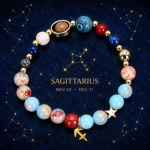 Sagittarius Planetary Bracelet with sky-blue, cream, and pale marbled natural-stone beads
