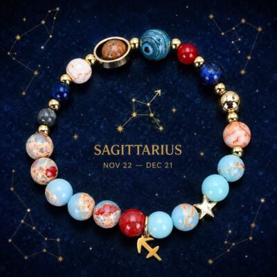 Sagittarius Planetary Bracelet with sky-blue, cream, and pale marbled natural-stone beads