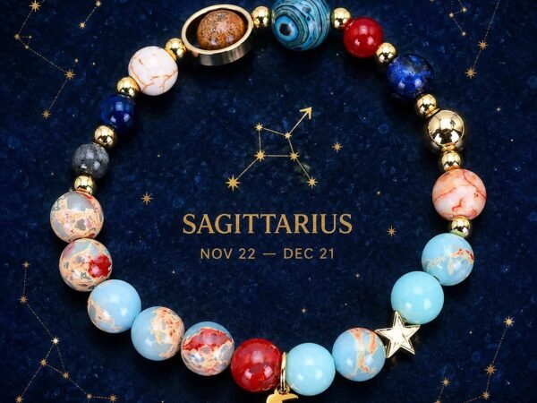 Sagittarius Planetary Bracelet with sky-blue, cream, and pale marbled natural-stone beads