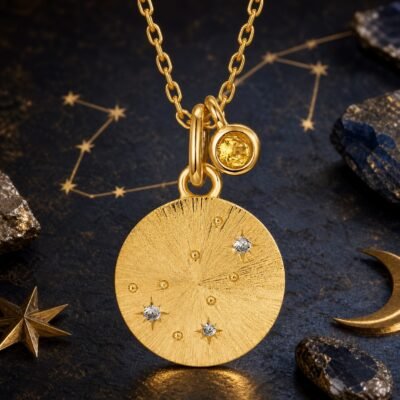 Scorpio gold zodiac medallion necklace with natural citrine accent