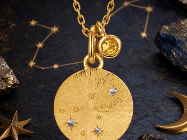 Scorpio gold zodiac medallion necklace with natural citrine accent