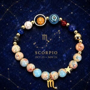 Scorpio Planetary Bracelet with sky-blue, cream, and pale marbled natural-stone beads