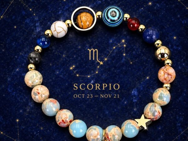 Scorpio Planetary Bracelet with sky-blue, cream, and pale marbled natural-stone beads