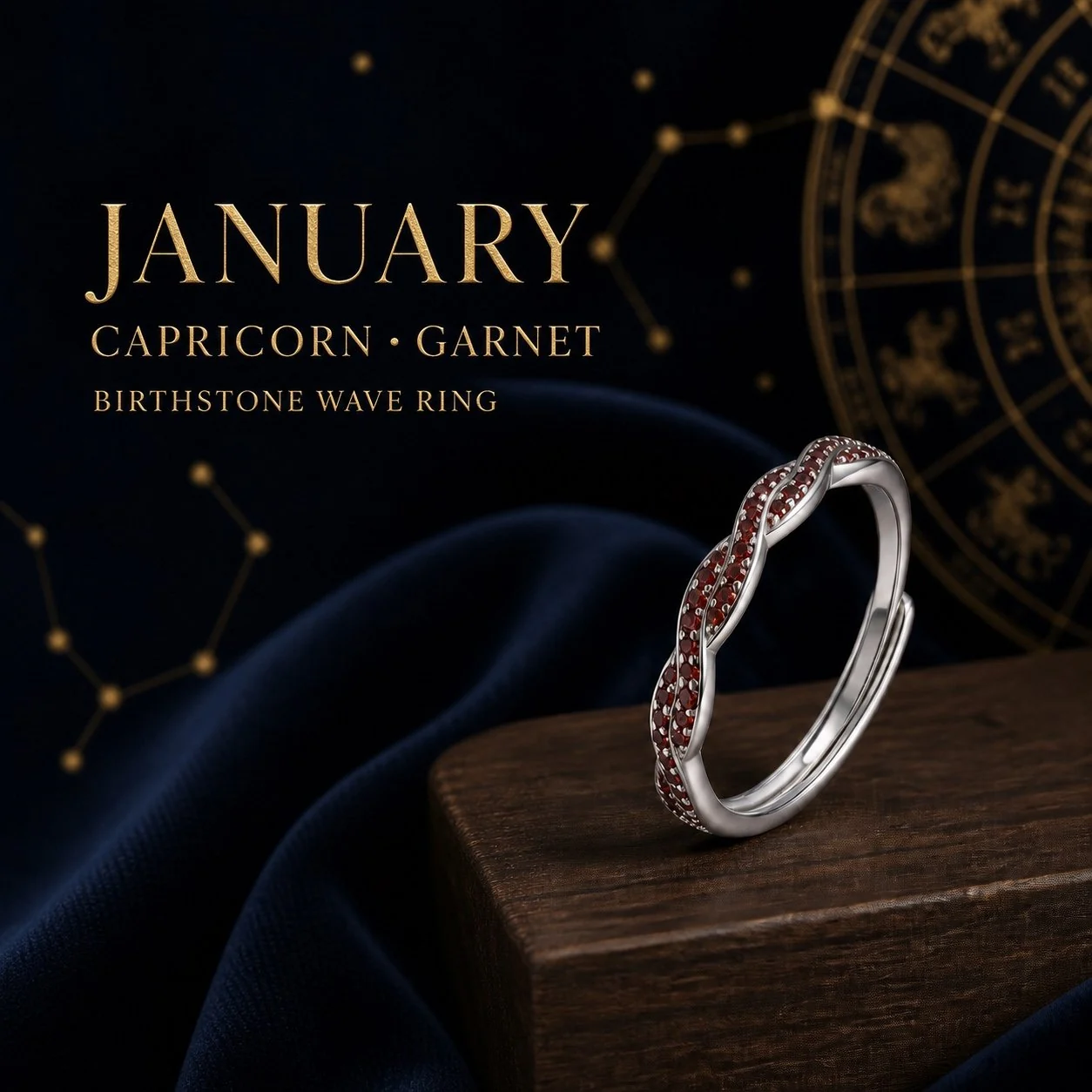Silver Birthstone Wave Pavé Adjustable Ring
