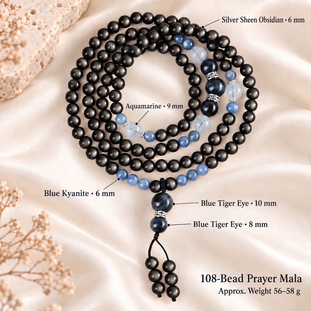 silver-sheen-obsidian-108-bead-mala-materials-size Silver Sheen Obsidian 108-Bead Mala