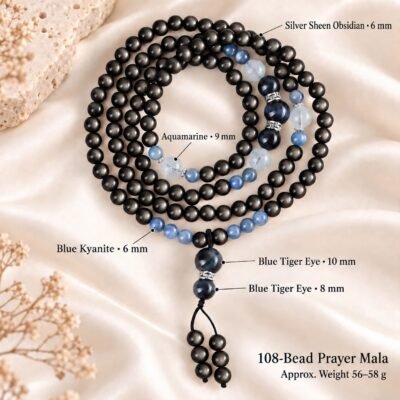 silver-sheen-obsidian-108-bead-mala-materials-size Silver Sheen Obsidian 108-Bead Mala