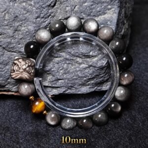 Awakened Lion Tiger Eye & Obsidian Protection Bracelet - Silver Sheen Obsidian Lion + Tiger Eye - 10mm