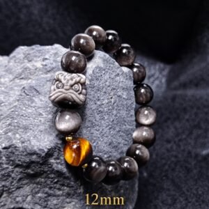Awakened Lion Tiger Eye & Obsidian Protection Bracelet - Silver Sheen Obsidian Lion + Tiger Eye - 12mm
