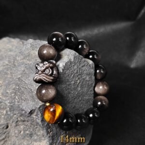 Awakened Lion Tiger Eye & Obsidian Protection Bracelet - Silver Sheen Obsidian Lion + Tiger Eye - 14mm