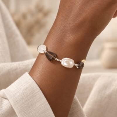smoky-clarity-quartz-pearl-bracelet-black-woman-wrist Smoky Clarity Quartz & Pearl Bracelet