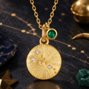 Taurus gold zodiac medallion necklace with cultured emerald accent