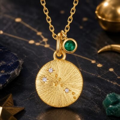 Taurus gold zodiac medallion necklace with cultured emerald accent