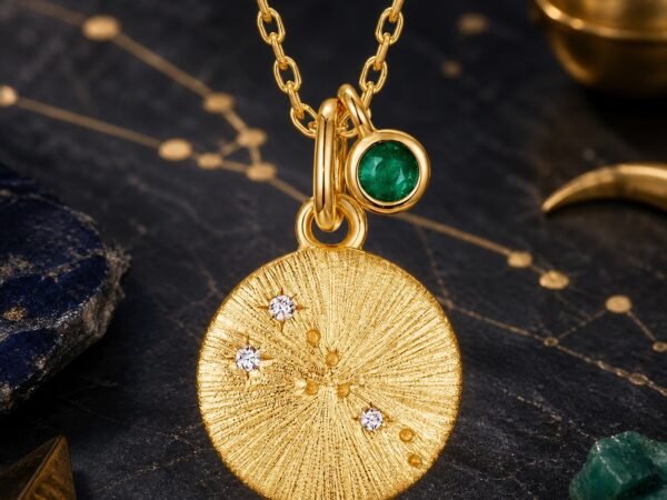 taurus-gold-zodiac-medallion-necklace-01-product Taurus gold zodiac medallion necklace with cultured emerald accent