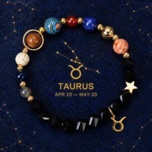 Taurus Zodiac Bracelet with glossy black faceted natural-stone beads