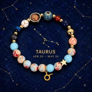 Taurus Planetary Bracelet with sky-blue, cream, and pale marbled natural-stone beads