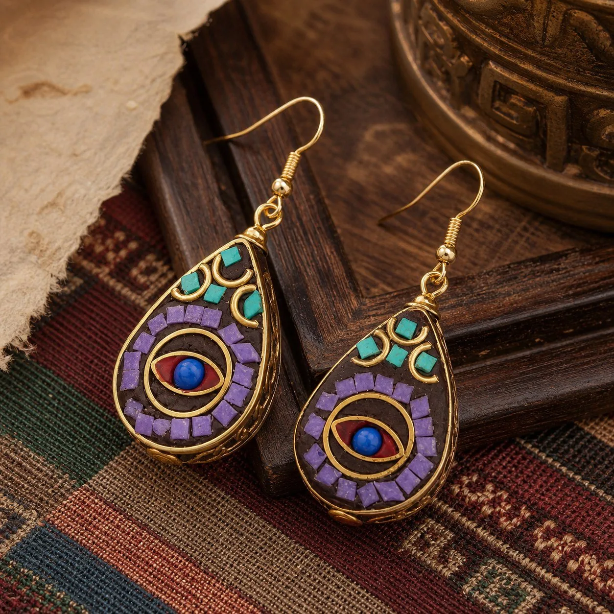Tibetan Teardrop Turquoise Inlay Earrings