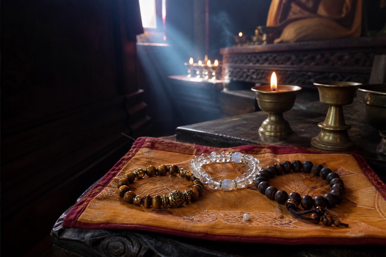 Crystal and wooden bead bracelets respectfully arranged on a brocade cloth in a Tibetan Buddhist temple