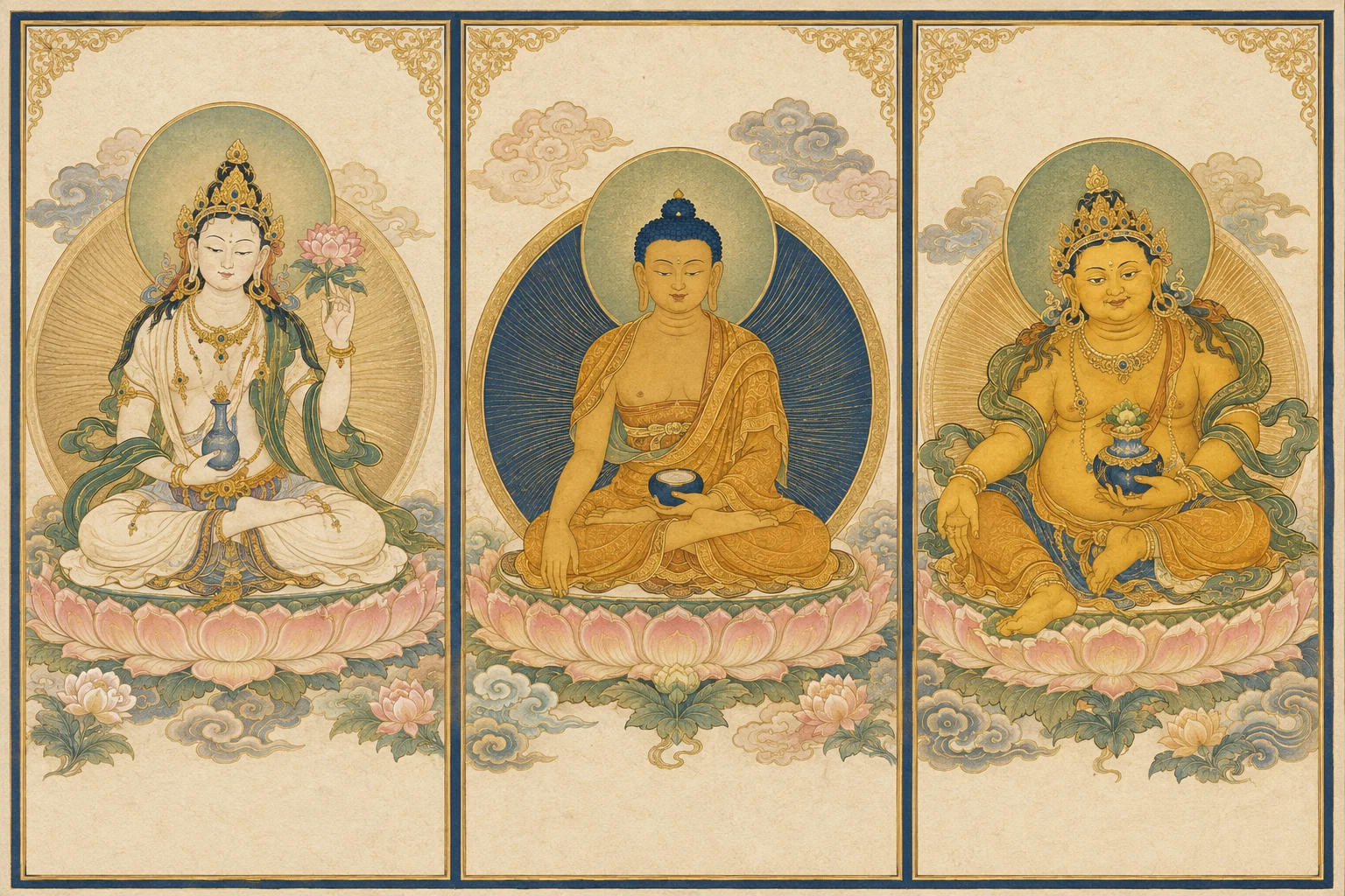 Original illustrated guide to Buddha Avalokiteshvara and Yellow Jambhala