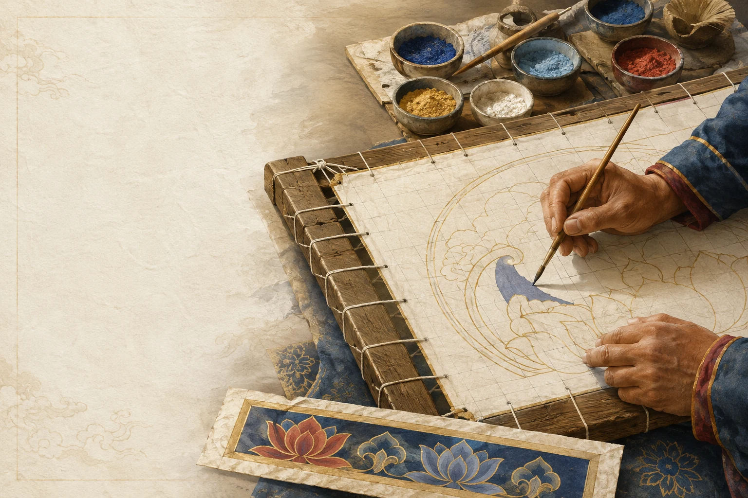 Original editorial illustration of thangka painting process