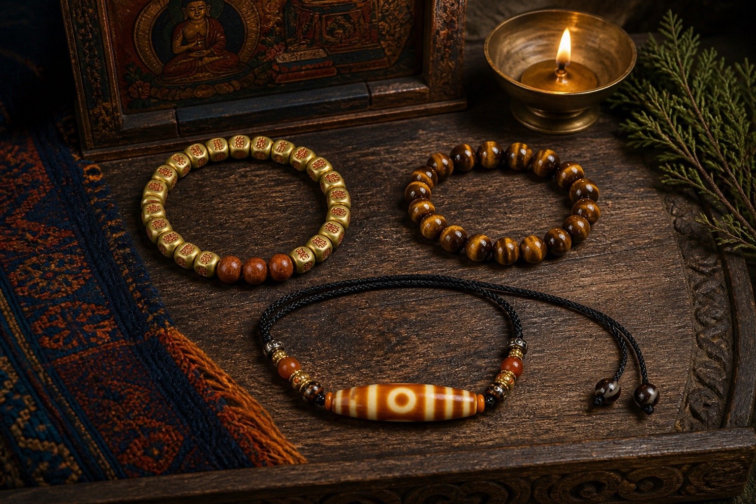 Cinnabar mantra bracelet, tiger eye bracelet and amber Dzi necklace on a Tibetan altar tray