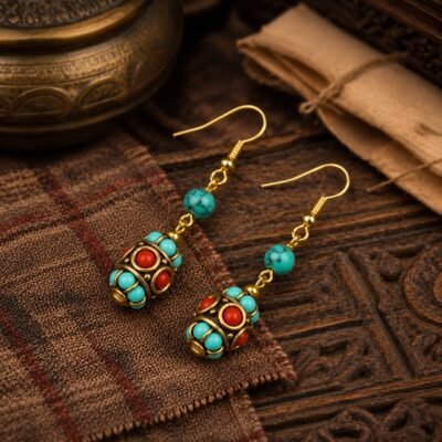 Tibetan Barrel Bead Drop Earrings